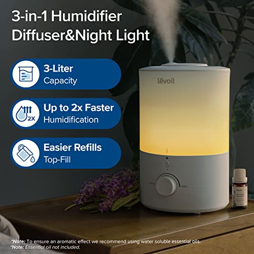 LEVOIT 3L Humidifiers for Bedroom Baby Room with Night Light, Cool Mist Humidifier for Home, Office & Plant, Auto-Off, Up to 25H for 27 ?, Quiet Operation with 360� Rotation Nozzle- 2 Filter Sponge