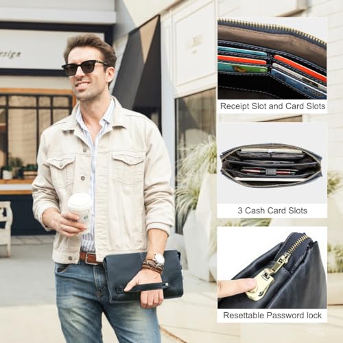 Contacts Mens Genuine Leather ID Card Organizer Clutch for Men, Large Capacity with Anti-Theft Lock Travel Passport Wallet Phone Holder Hand Bag with Wrist Strap