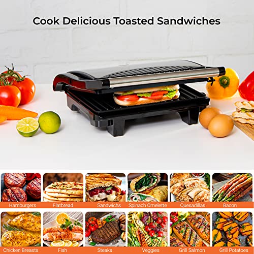 Geepas Stainless Steel Grill Maker, Power and Ready Light, GGM5394 | Non-Stick Cooking Plate | Easy to Clean | Practical Cable Winding | Lid Locking for Space-Saving Vertical Storage | Pilot Light
