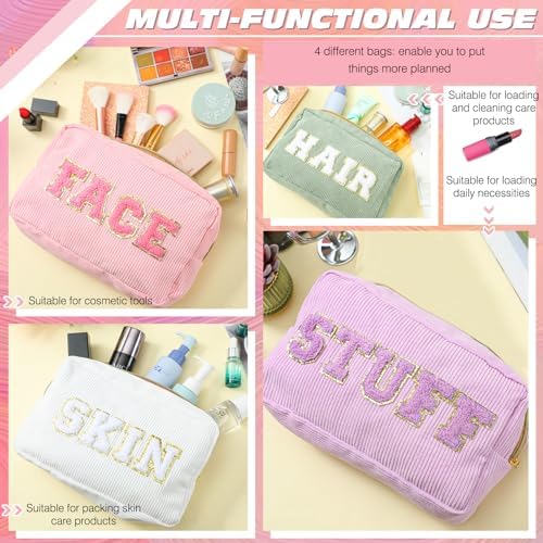 Pinkunn 4 Pcs Preppy Makeup Bags Christmas Chenille Letter Bag Face Skin Hair Stuff Cosmetic Bag Corduroy Makeup Pouch with Zipper Birthday Gifts for Women(Purple, Pink, White, Blue,Corduroy)
