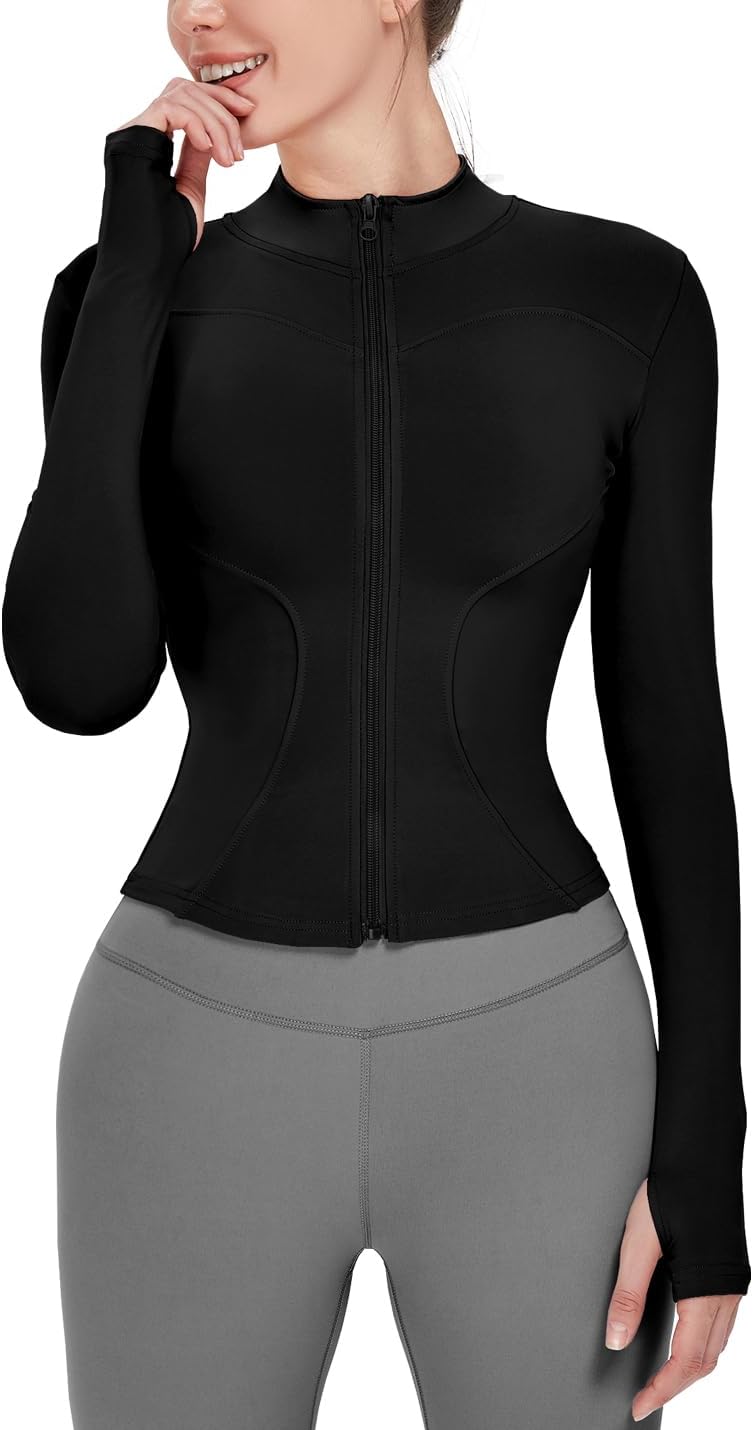 Women's Lightweight Stretchy Workout Full Zip Running Track Jacket with Thumb Holes - Black