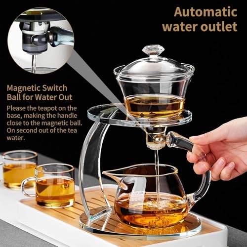 Unbreakable Glass Teapot Set, 340ml Semi-Automatic Rotating Kungfu Tea Pot with Infuser, Borosilicate Glass Drip Teapot for Home, Tea House, Restaurant, Chinese Tea Ceremony