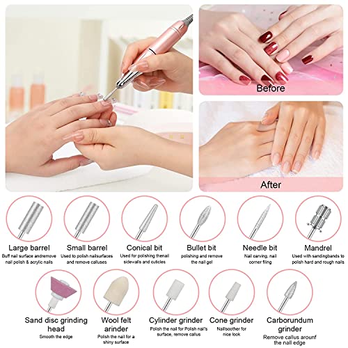 Rechargeable Nail Drill, Portable E File Nail Drill with Display Screen, 35000 RPM Professional Electric Nail File Kit with 11 Nail Drill Bits for Acrylic, Gel Nails Manicure Pedicure Polishing Shape