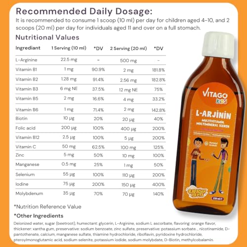Vitago Kids L-Arginine Multivitamin Liquid for Boy, Orange Flavored - 150ml, Boosts Growth & Energy, Complete Nutrition