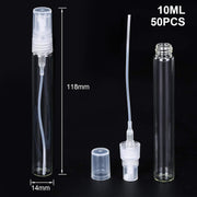50 Pcs Mini Perfume Sample Bottle 10ml Clear Spray Bottle Empty Glass Fine Mist Refillable Dispensing Bottles Atomizer Portable Small Travel Containers for Essential Oil Liquid Cosmetic Tool