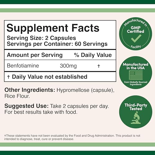 Double Wood Supplements Benfotiamine 300mg (Third Party Tested, 120 Capsules) Made in The USA, to Boost Thiamine Levels (More Absorbable Than Thiamine)