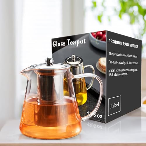 NALACAL Glass Teapot Stovetop 18.6 OZ, Borosilicate Clear Tea Kettle with Removable 18/8 Stainless Steel Infuser, Blooming and Loose Leaf Hand Crafted Kettle for Camping, Travel (550ML)