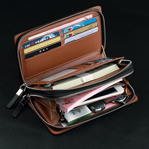 VANNANBA Men Clutch Wallet Large leather clutch bag Business Double Zip Handbag Blue Black