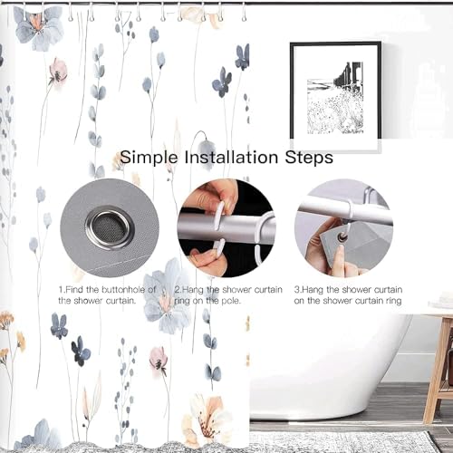 ChicAbode Watercolor Floral Shower Curtain Sets,Blue Beige Flowers Bathroom Curtains,Modern Minimalist White Bath Curtain, Waterproof Fabric with 12 Hooks 180x200 cm
