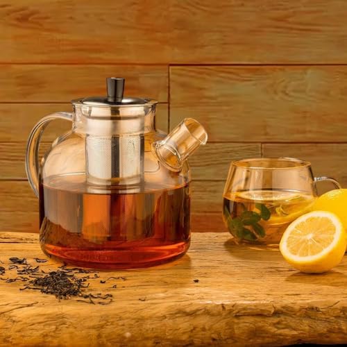 1500ML Glass Teapot with Removable Stainless Steel Infuser Strainer, 52oz Tea Kettle,Stovetop Safe Large Tea Pot, Blooming and Loose Leaf Hand Crafted Kettle for Adult Stainless Infuser