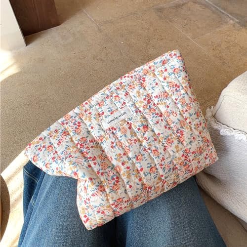 Sminra Floral Makeup Bag Large Cotton Quilted Cosmetic Makeup Bag Organizer, Aesthetic Portable Pouch Purse Toiletry Bag for Women Girls Travel accessories(Blue Floral-L)