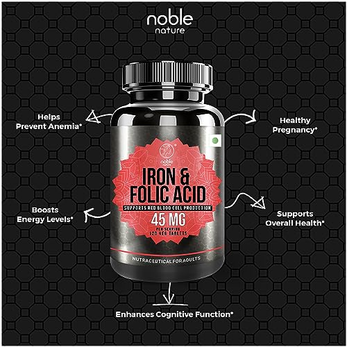 Noble Nature Iron with Folic Acid & Spinach Extract Supplement - 120 Tablets | Iron, Zinc, Vitamin C, Folic Acid & Vitamin B12 |