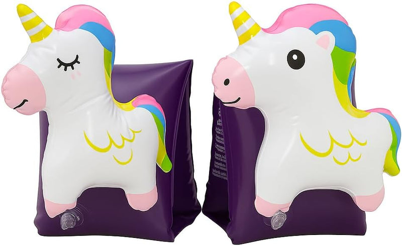 FLOBO Kids Arm Bands 25x15CM Inflatable Floaties for Ages 3-6 Cute Swim Armbands in 9 Fun Designs (Unicorn, Dinosaur, Bear, Donut & More) Safe, Easy to Use, Pool & Beach Ready - Unicorn