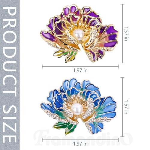 Framendino, 2 Pack Peony Enamel Brooch Pin Metal Flower Badges Lapel Pins Metal Pearl Brooches for Women (Purple and Blue), 2 Pack, Metal, no gemstone