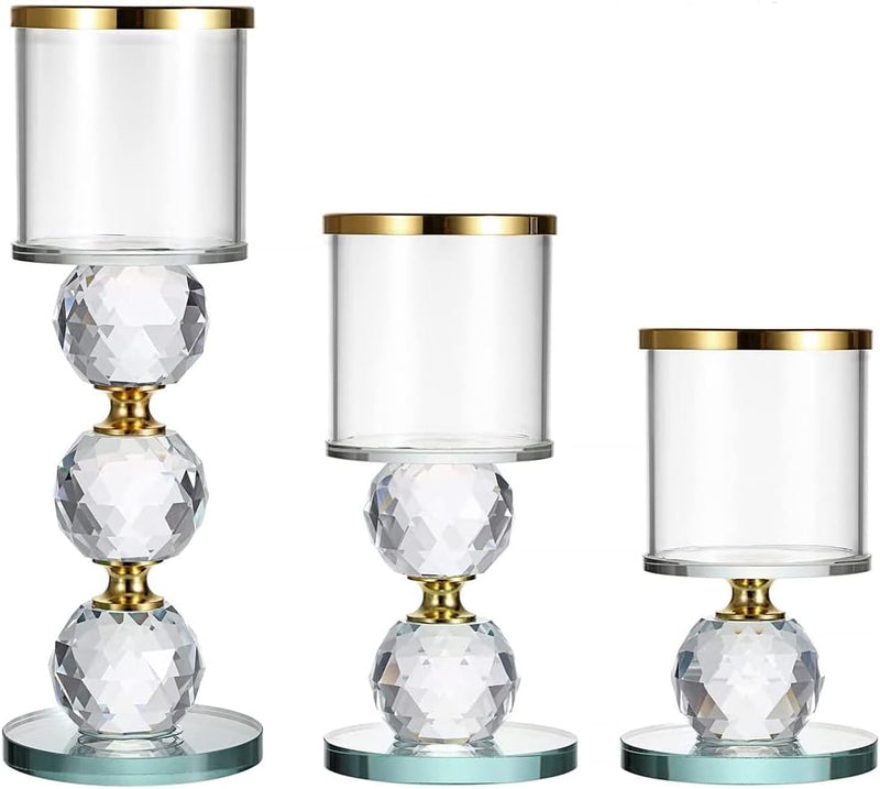 WEIN Crystal Glass Candlestick Holders Pillar Candle Holders Set of 3 with Glass Covers, Modern Clear Glass Tea Light Candle Sticks Votive Candle Stands for Table Centerpiece Wedding Decor