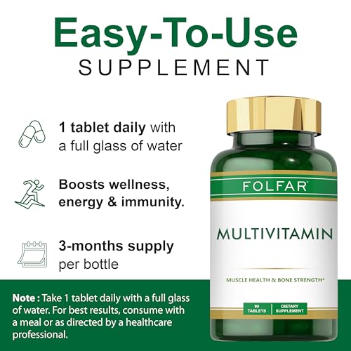 Folfar Multivitamin 90 Tablets â€“ Multivitamin with A, C, D, E, K,Iron, Calcium, Magnesium,Zinc, & Iodine |Support Immunity, Energy, Bone & Overall health | Non-GMO
