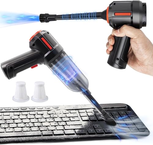 PeroBuno Compressed Air Duster & Mini Vacuum Keyboard Cleaner 3-in-1, New Generation Canned Air Spray, Portable Electric Air Can, Cordless Blower Computer Cleaning Kit, Basic-black
