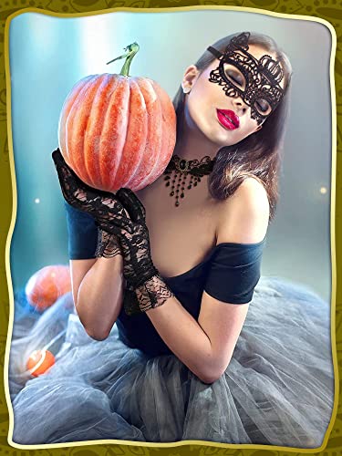 Excefore Masquerade Costume Set - Venetian Mask, Black Choker Lace Necklace, and Pattern Gloves for Women