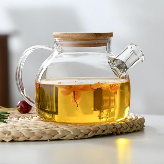 bamboo Glass Teapot Stoveto Borosilicate Clear Tea Kettle with Bamboo Lid, Glass Tea pot with Removable Filter Spout, Teapot Blooming and Loose Leaf Tea Maker Tea Brewer for Camping 1L