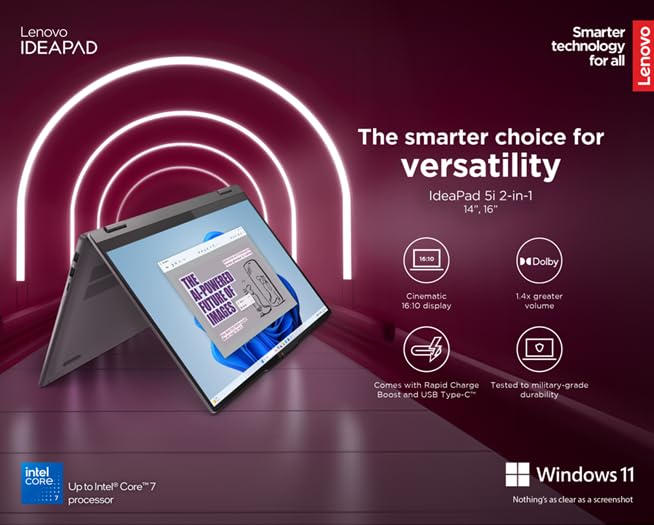 Lenovo IdeaPad 5 2-in-1 14IRU9 Laptop with 14" WUXGA OLED Glossy Touch Display, Core 5 120U, 16GB RAM, 512GB SSD, Integrated Intel Graphics, Backlit Eng-Arb KB, W11, Luna Grey + PEN [83DT006UAX]
