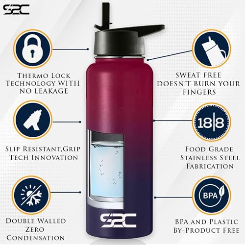 S2C 1200ML Insulated Water Bottle with 3 Lids, Double Wall,Leak Proof, Stainless Steet Straw Water Bottle For Gym, Thermos Flask for Hot Water (DARK RAINBOW)