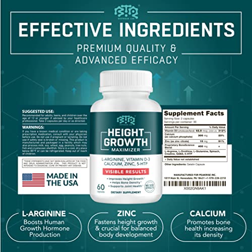 PEAKRISE Height Growth Vitamin Pills - L-Arginine Calcium Zinc Supplement Without Growth Hormone for Everybody - 60 Capsules