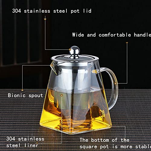 VUCATIN Square Glass Tea Pot, Borosilicate Glass Teapot, Loose Leaf Tea Kettle, 950 ml Borosilicate Glass Heat Resistant Clear Leaf Teapot with Infuser Strainer for Microwavable and Stovetop Safe
