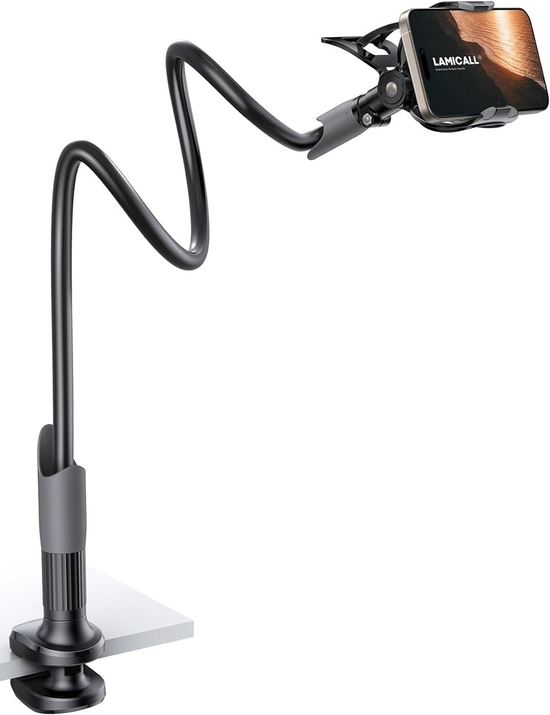 Lamicall Gooseneck Phone Holder for Bed - Cell Phone Mount Clamp Clip, Flexible Long Arm, Overhead Mount for Desk Headboard Bedside, for iPhone 16 Pro Max, 15 Pro Max, 14 Plus, 13 Mini & 4-7" Phone - black