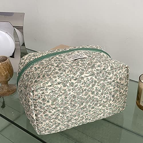 Juoxeepy Cotton Makeup Bag Large Travel Cosmetic Bag Quilted Cosmetic Pouch Coquette Aesthetic Floral Toiletry Bag, A-White, 10x5.9x5.3in