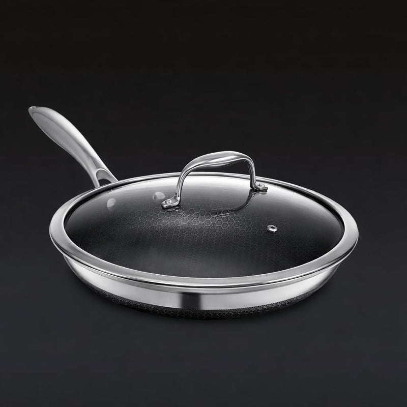 Eterna Tri-Ply Hybrid 24cm Frying Pan with Lid Stainless Steel & Ceramic Coating, Metal-Utensil Safe, Oven & Dishwasher-Safe, Induction & All Cooktops Compatible