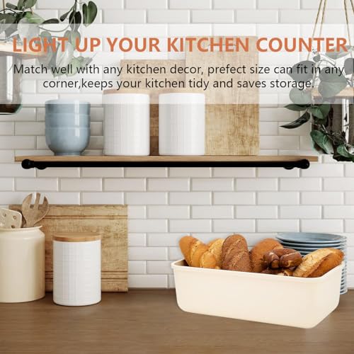 Angju Bread Box With Bamboo Wood Cutting Board Lid & Bread Slicer Holder, Rectangular Cream Color Bread Container For Kitchen Countertop, 40.5 * 21 * 13cm, Bread Storage Container