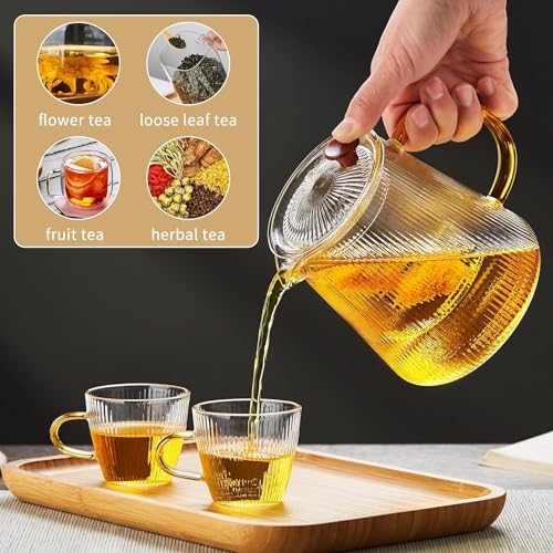 Glass Teapot Stovetop 800ML with Vertical Stripes, Borosilicate Clear Tea Kettle with Removable Filter Liner,Blooming and Loose Leaf Tea Maker Tea Brewer