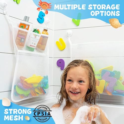 ALMEKAQUZ Mesh Bath Toy Organizer, Extra Durable Washable Mesh Baby Bath Toys Bag, Ultra Strong Anti Slip Hooks, Large Capacity Multi Use Bathroom Shower Bathtub Toy Storage Hangs Bag