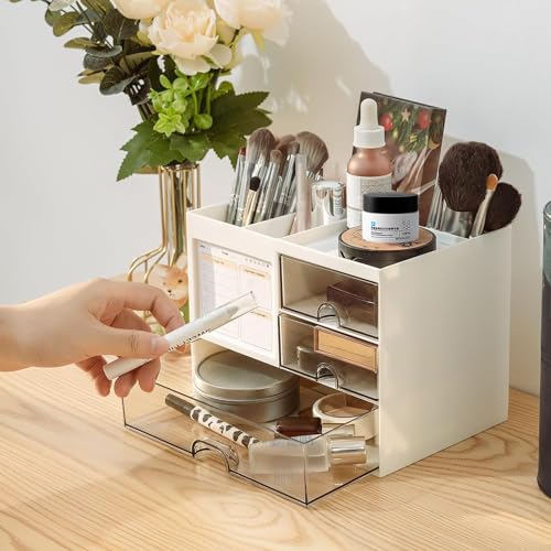 Angju Desk Organizer with 3 Drawer, Multi-Functional Pencil Pen Holder for Desk, Desk Organizers and Storage with 5 Compartments, Desktop Organizer for Office Home Art Supplies and Cosmetic