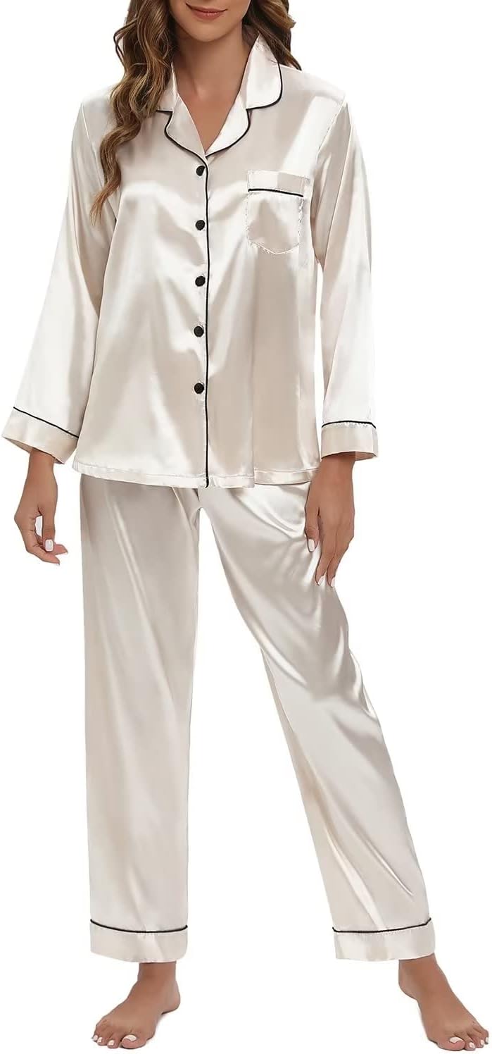 Women's Silk Satin Pajamas Set Long Sleeve Sleepwear Soft Pjs Set Two Piece Button Down Loungewear Pj Set - Champagne