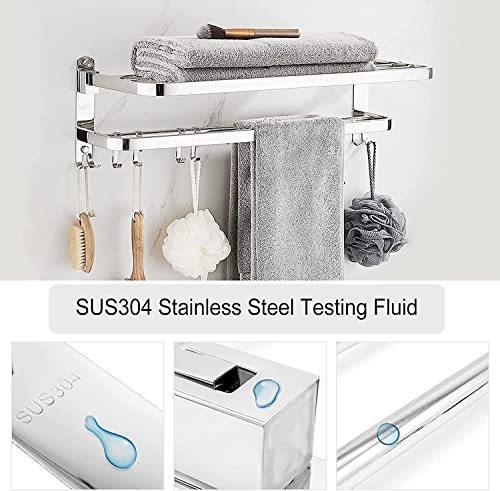 AUTOYSUR Bathroom Towel Rack, Towel Shelf with Two-Tier Architecture, Folding Towel Bars Wall Mount Holder, 5 Removable Hooks and Adjustable Towel Bar, Toilet Bathroom Bath Towel Cleaning Tools Holder