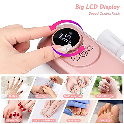 Rechargeable Nail Drill, Portable E File Nail Drill with Display Screen, 35000 RPM Professional Electric Nail File Kit with 11 Nail Drill Bits for Acrylic, Gel Nails Manicure Pedicure Polishing Shape