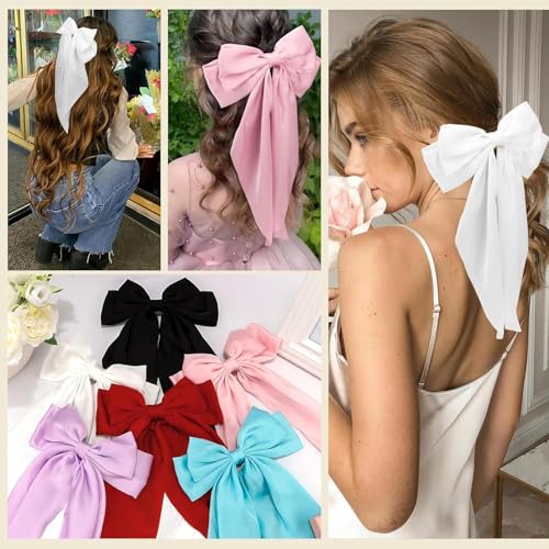 6PCS Silky Satin Hair Bows for Women, Large Soft Bow Hair Clips with French Barrette, Elegant Hairpin Accessories for Girls, 6 Colors