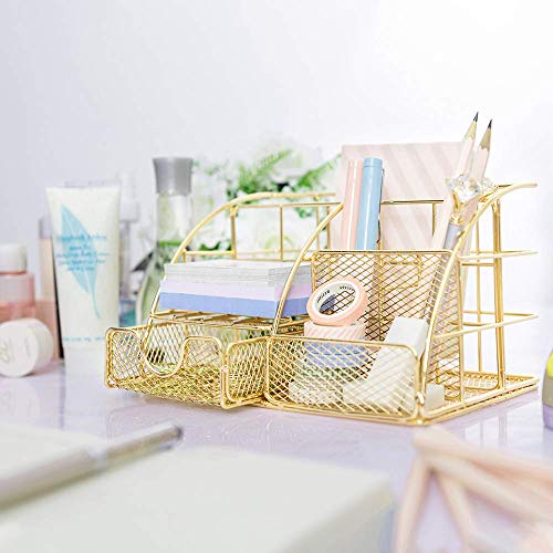 Benting Desk Organizer Office Accessories, Multi-Functional Mesh Desk Organizer with 5 Compartments and 1 Drawer for Home, Office, School, Workshop, kitchen (White)