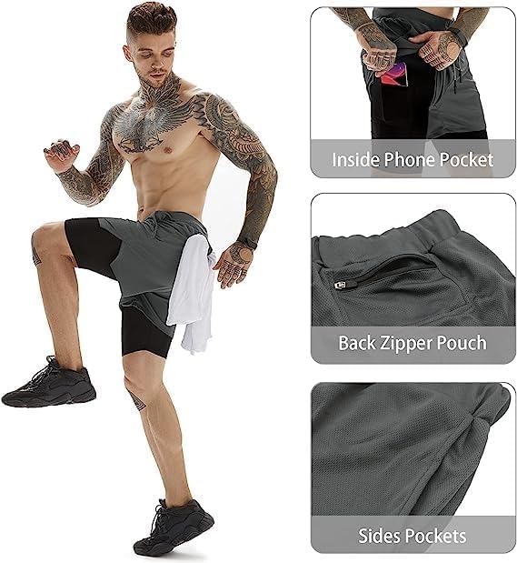 BananHome Men's 2 in 1 Running Shorts Gym Workout Quick Dry Mens Shorts Mens Athletic Shorts with Towel Loop and Phone Pocket