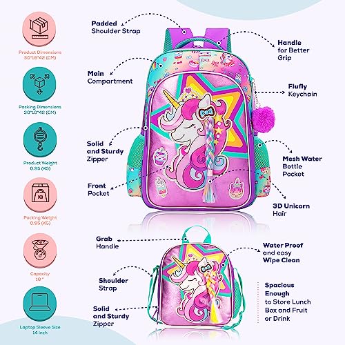 Eazy Kids - 18" Set of 4 School Bag Lunch Bag Activity Bag & Pencil Case Unicorn-Pink