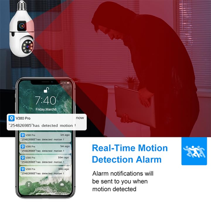 Dual WIFI Light Bulb Security Camera - 360° WiFi CCTV Camera for Home - 1440P HD Night Vision, Motion Detection-Two-Way Audio, Auto-Tracking - Light Socket Security Camera - Easy Setup & Remote View