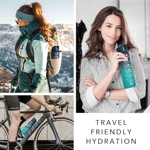 Water Bottle with Time Markers – BPA-Free, Leak-Proof, Reusable, Perfect for Kids, Sports, Gym, Fitness, Office & Daily Use (Dark Blue-Green, 1 Litre/32oz)