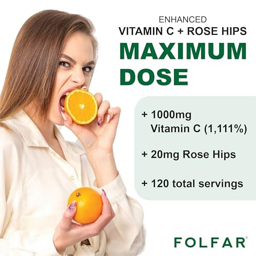 Folfar Vitamin C - 1000mg (120 Tablets) With Rose Hips| Antioxidant Protection, Boost Immune System & Supports Healthy Skin| 120 Daysâ€™Supply Ascorbic Acid Supplement | Non- GMO, Gluten Free