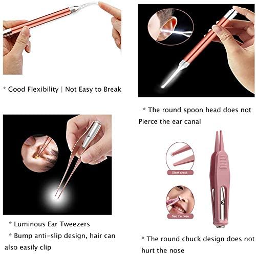 Ear Wax Removal Tools, Ear Pick Cleaner Kit with LED Light, Storage Box, Earwax Spoon Digger/Tweezers & Nose Cleaning Tweezers Clip, Ear Nose Health Care Cleaning Tools for Baby Kids Children Adults
