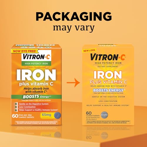 Vitron-C Iron Supplement, Once Daily, High Potency Iron Plus Vitamin C, Dye Free Tablets, 60 Count