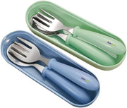 Kids Cutlery Set with Case, Stainless Steel Spoon & Fork for Children, Round Edge BPA Free Tableware for School Lunch Box, Picnic, Travel (Pack of 1, Blue) - Blue & Green 2