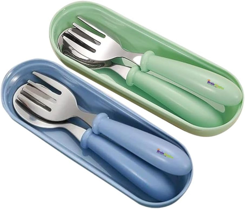Kids Cutlery Set with Case, Stainless Steel Spoon & Fork for Children, Round Edge BPA Free Tableware for School Lunch Box, Picnic, Travel (Pack of 1, Blue) - Blue & Green 2