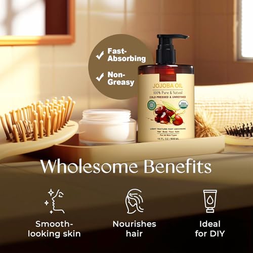 Nigwedete Organic Jojoba Oil (500 ml), USDA Certified, 100% Pure Natural Large Capacity Body Oil for Skin Face and Hair, Deep Moisturizing Anti-Aging Cold Pressed Unrefined for Women