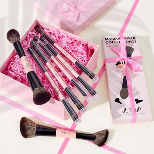 Jessup Makeup Brushes Set 14-in-7 Double Sided Makeup Brushes for Foundation Concealer Blush Eyeshadow Contour Bronzer Powder Blending Eyebrow Eyeliner, Cruelty-Free Make up Brushes Peach Dust T600
